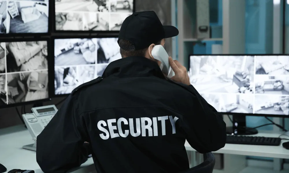 A security guard wearing a black jacket with "SECURITY" on the back monitors multiple CCTV screens while talking on the phone.