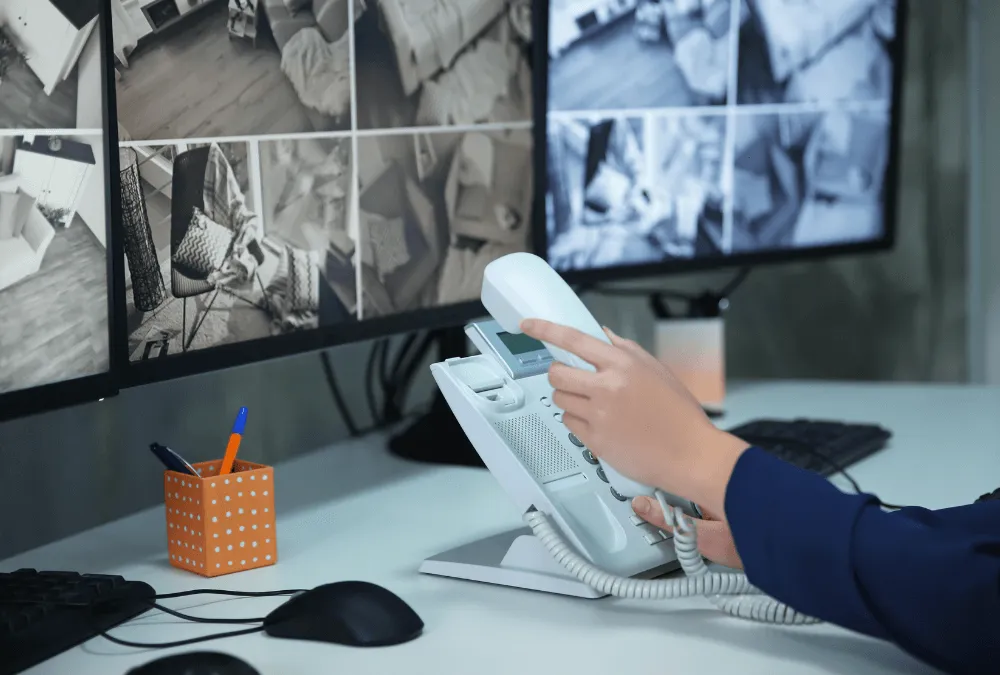 A person using a landline phone at a desk, surrounded by computer monitors displaying black-and-white surveillance footage.